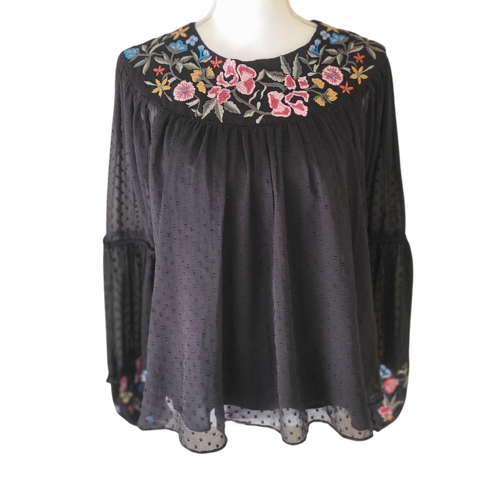 zara trafaluc embroidered peasant blouse black long sleeve size M